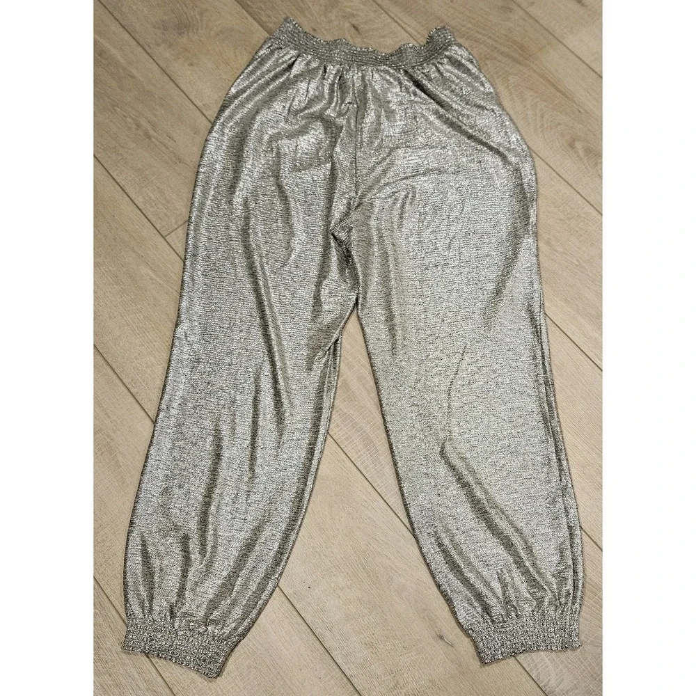 Anthropologie Metallic Silver Jogger Pants‎ Smocked Waist OB1241973 Womens M - Picture 4 of 8